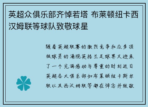 英超众俱乐部齐悼若塔 布莱顿纽卡西汉姆联等球队致敬球星