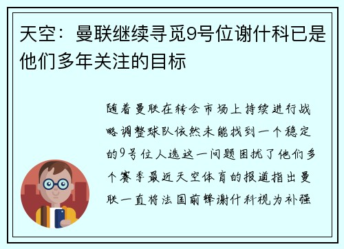天空：曼联继续寻觅9号位谢什科已是他们多年关注的目标