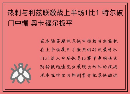 热刺与利兹联激战上半场1比1 特尔破门中楣 奥卡福尔扳平